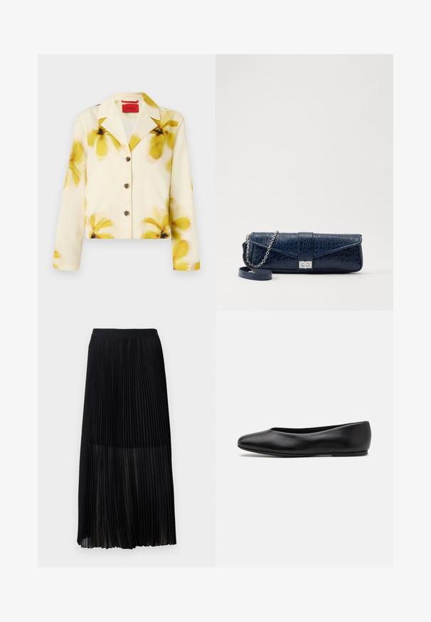 Veste courte en tissu doux, crème avec imprimé floral jaune, col à revers, devant à boutons et manches longues. Accentuée de boutons foncés.; Camisole en satin beige avec des détails en dentelle au niveau du col, dotée de fines bretelles réglables et d'une texture lisse et brillante.; Jupe midi plissée noire avec une taille élastique lisse et une superposition transparente, présentant de fins plis verticaux sur toute la surface du tissu.; Paul Smith TOPANGA - Ballerines - black; Pochette en cuir bleu marine avec une texture crocodile, une chaîne en argent et un fermoir métallique. De forme rectangulaire avec un design rabat.