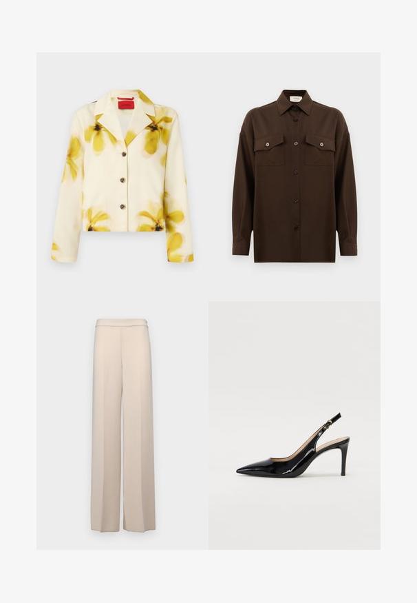 Izgriezts žakets mīkstā audumā, krēmkrāsā ar dzeltenu ziedu rakstu, ar iegriezumu apkakli, pogu aizdari un garām piedurknēm. Uzsvērts ar tumšām pogām.; Tumši brūns garām piedurknēm pogājams krekls ar diviem kabatām uz krūtīm un klasisku apkakli, attēlots uz vienkārša baltā fona.; Beige platmalējošas bikses no gludas auduma, ar augstu jostasvietu un vieglām priekšējām krokām. Nav kabatu vai redzamu detaļu.; Melnas lakotās ādas slingback kurpes ar izteiktu degunu, šauru papēdi un smalku izgriezumu dizainu. Siksniņai ir zelta sprādze.