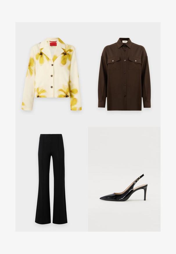 Gekürzte Jacke aus weichem Stoff, cremefarben mit gelbem Blumenmuster, mit Spitzkragen, Knopfverschluss und langen Ärmeln. Akzentuiert mit dunklen Knöpfen.; Dunkelbraunes Langarmhemd mit Knopfleiste, zwei Brusttaschen mit Klappe und klassischem Kragen, vor einem schlichten weißen Hintergrund präsentiert.; Schwarze Schlaghose mit hoher Taille, aus dehnbarem Material. Mit vertikalen Nahtdetails auf der Vorderseite und einer glatten Textur.; Schwarz lackierte Slingback-Pumps mit spitzem Zehenbereich, schlankem Absatz und einem subtilen Ausschnittdesign. Verfügt über eine goldene Schnalle am Riemen.