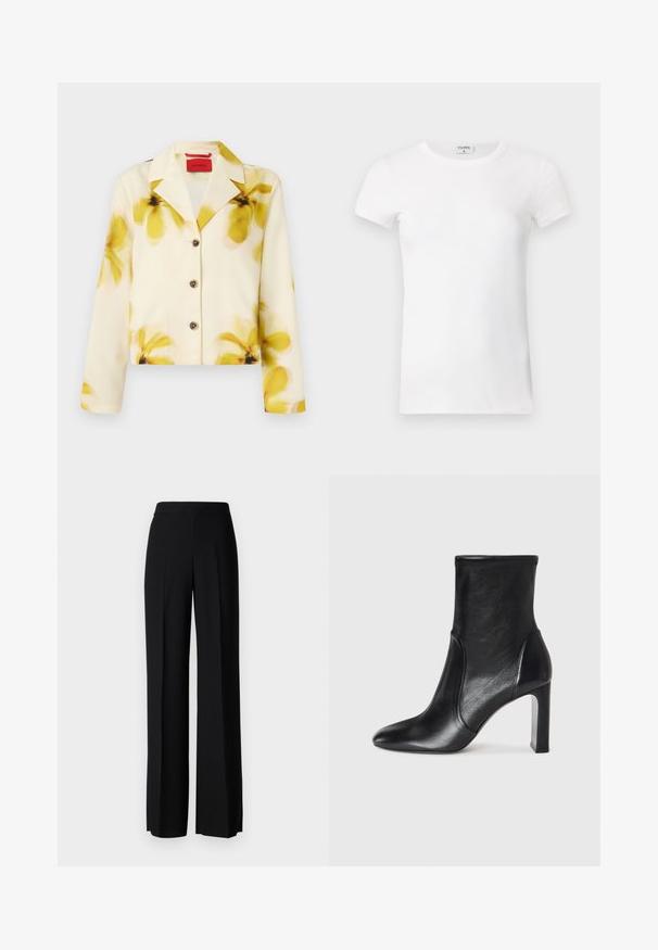 Trumpetas striukė iš švelnios medžiagos, kreminė su geltonais gėlėmis, su įpjautu apykakle, mygtukų užsegimu ir ilgomis rankovėmis. Papuošta tamsiais mygtukais.; Balta, raibota trumpa rankovėmis marškinėliai su apvaliu kaklu. Audinys atrodo lygus ir prigludęs. Prekės ženklo etikete matoma prie apykaklės.; Juodi platūs kelnių kelnės su lygiu paviršiumi, turinčios aukštą liemenį ir centrinės raukšlės. Nėra matomų raštų ar metalinių detalių.; Juodas odinis kulkšninis botas su elegantišku dizainu, smailiu pirštu ir aukštu blokiniu kulnu. Su lygiu paviršiumi ir minimalistišku siuvimo detaile.