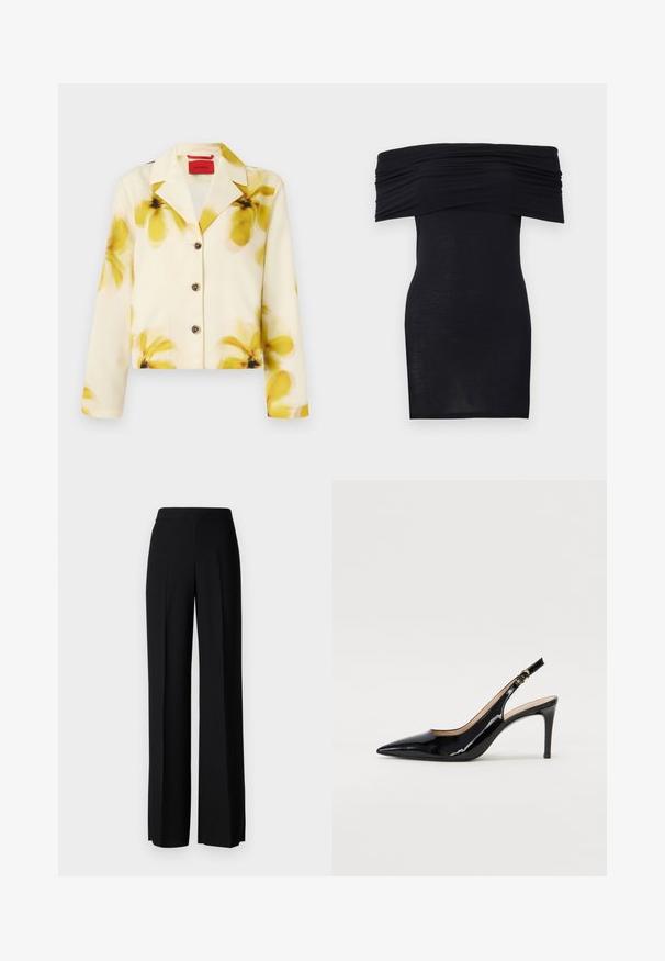 Jachetă scurtă dintr-un material moale, crem cu imprimeu floral galben, guler decupat, închisă cu nasturi și mâneci lungi. Decorată cu nasturi negri.; Rochie neagră, cu umerii descoperiți, cu decolteu plisat, croi slim și textură fină. Design minimalist, până la genunchi, fără decorațiuni suplimentare.; Pantaloni negri cu picioare largi, cu o textură netedă, având o talie înaltă și pliseuri centrale. Fără modele vizibile sau detalii de hardware.; Pantofi slingback din piele patent neagră, cu vârful ascuțit, tocul subțire și un design discret cu decupaj. Se evidențiază printr-un cataramă aurie pe curea.