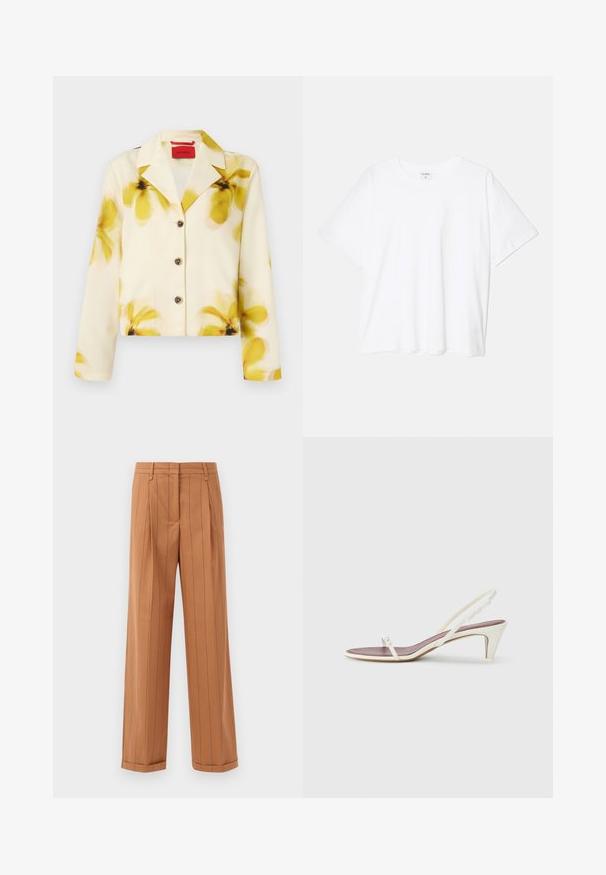 Gekürzte Jacke aus weichem Stoff, cremefarben mit gelbem Blumenmuster, mit Spitzkragen, Knopfverschluss und langen Ärmeln. Akzentuiert mit dunklen Knöpfen.; Weißes Baumwoll-T-Shirt mit kurzen Ärmeln, runder Halslinie, lockerer Passform und genähtem Saum. Etikett sichtbar am inneren Kragen.; Braune Nadelstreifenhose mit maßgeschneidertem Design, versehen mit Falten, geradem Schnitt und umgeschlagenem Saum. Hergestellt aus einem glatten Stoff.; Weiße Slingback-Sandalen mit einem leichten Absatz, dünnen Riemen und einer glatten Ledertextur; verfügen über eine kleine dekorative Schnalle.
