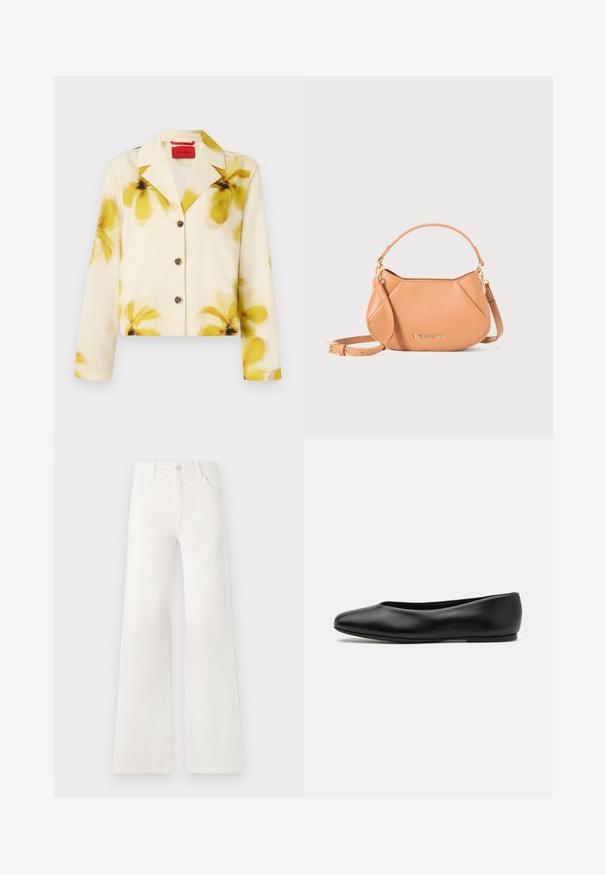 Afskåret jakke i blødt stof, cremefarvet med gult blomsterprint, med spidse kraver, knaplukning og lange ærmer. Pyntet med mørke knapper.; Lyserød tanktop lavet af blød og strækbar stof. Har en rund halsudskærm og smalle skulderstropper, med en glat tekstur og tætsiddende pasform.; Hvide, højtaljede bukser med bred ben lavet af denim. Har en knaplukning, to forlommer og sidesømme med syningsdetaljer.; Paul Smith TOPANGA - Ballerinasko - black; Tan lædertaske med en unik geometrisk form, der har et kort håndtag, en justerbar rem og guldfarvede hardware-detaljer. Brandlogo er vist.