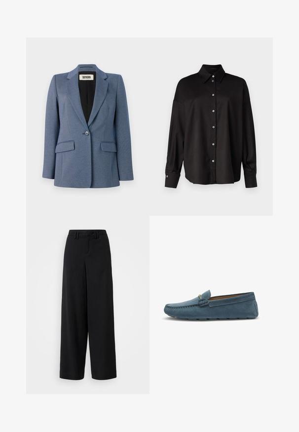 Blazer blu su misura realizzato in un tessuto strutturato, con chiusura a un solo bottone, due tasche frontali e foderato di nero. Design del collare notevole.; DRYKORN LYSILA - Camicia - black; Pantaloni neri a gamba larga realizzati in tessuto morbido, con un design a vita piatta, dettagli plissettati e passanti per cintura in vita.; Mocassini in suede blu con suola piatta, caratterizzati da un design cucito lungo i bordi e un accento metallico decorativo nella parte anteriore.