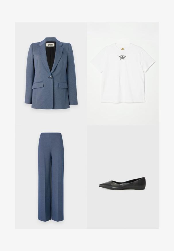 Blaue maßgeschneiderte Blazerjacke aus strukturiertem Stoff, mit einreihiger Knopfschluss, zwei Fronttaschen und schwarzem Futter. Auffälliges Reversdesign.; Weißes Baumwoll-T-Shirt mit einem kleinen schwarzen Logo mit Flügeln und "MCM" in der Mitte auf der Vorderseite. Kurze Ärmel und Rundhalsausschnitt.; Weite Hose aus strukturiertem blauen Material mit einem glatten Bund und scharfen Falten an der Vorderseite, die ein maßgeschneidertes Design zur Geltung bringen.; Schwarze Leder-Ballerinas mit spitzem Zehenbereich, niedrigem Absatz und glatter Textur. Minimalistisches Design mit einem dezenten seitlichen Akzent.