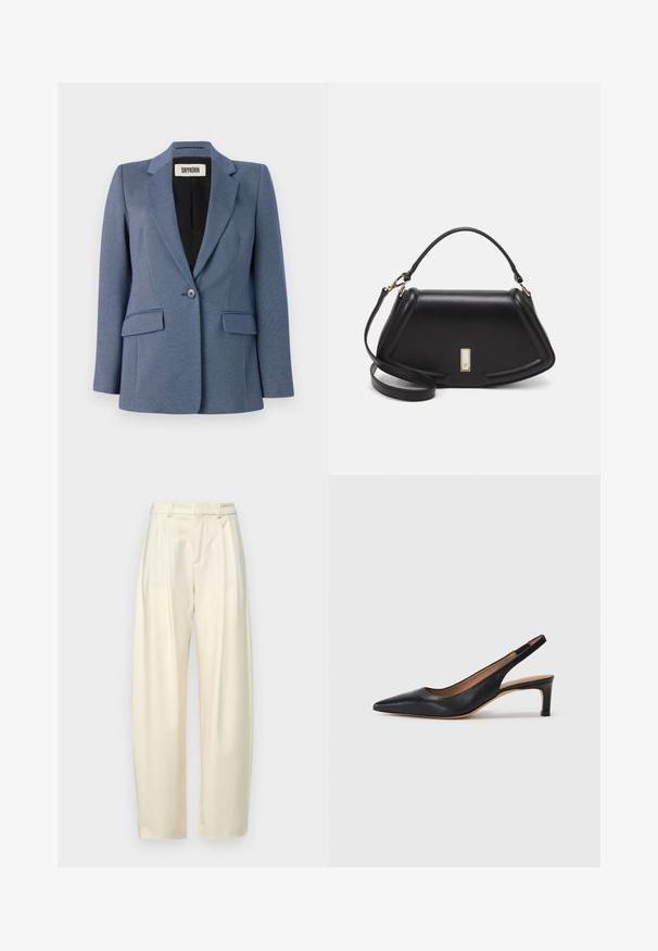 Blazer ajusté bleu avec un tissu texturé, fermeture à un bouton, deux poches avant et une doublure noire. Design de revers notable.; T-shirt blanc à côtes avec un col rond et des manches mi-longues. Fabriqué en matériau doux avec une texture lisse. Étiquette visible au niveau du col.; Pantalons plissés taille haute en tissu crème clair. Présente une coupe droite et une texture lisse. Sans poches ni matériel visible.; Escarpin slingback en cuir noir avec un bout pointu, un petit talon et une texture lisse. Doté d'une fine sangle réglable pour un ajustement sécurisé.; Sac à main en cuir noir avec un design structuré, featuring une forme cropped, une poignée supérieure et des accents en matériel doré. Bandoulière réglable incluse.