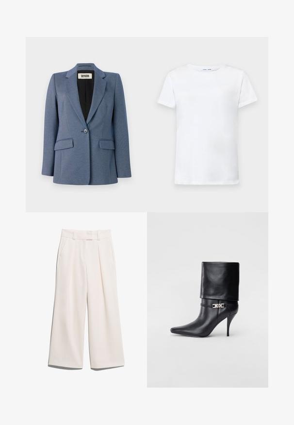 Blauwe op maat gemaakte blazer van een textuurstof, met een sluiting met één knoop, twee voorzakken en een zwarte voering. Opvallend ontwerp van de revers.; Witte korte mouwen t-shirt van katoen met een ronde hals. Soepele textuur en rechte snit, zonder patronen of accenten.; Brede broekspijpen in een lichte crèmekleur, gemaakt van gladde stof met twee voorzakken en zichtbare stiksels op de tailleband.; Zwarte leren enkelboot met een spitse neus, hoge stilettohak, opgevouwen manchet en een gouden decoratieve gespdetails op de enkel.