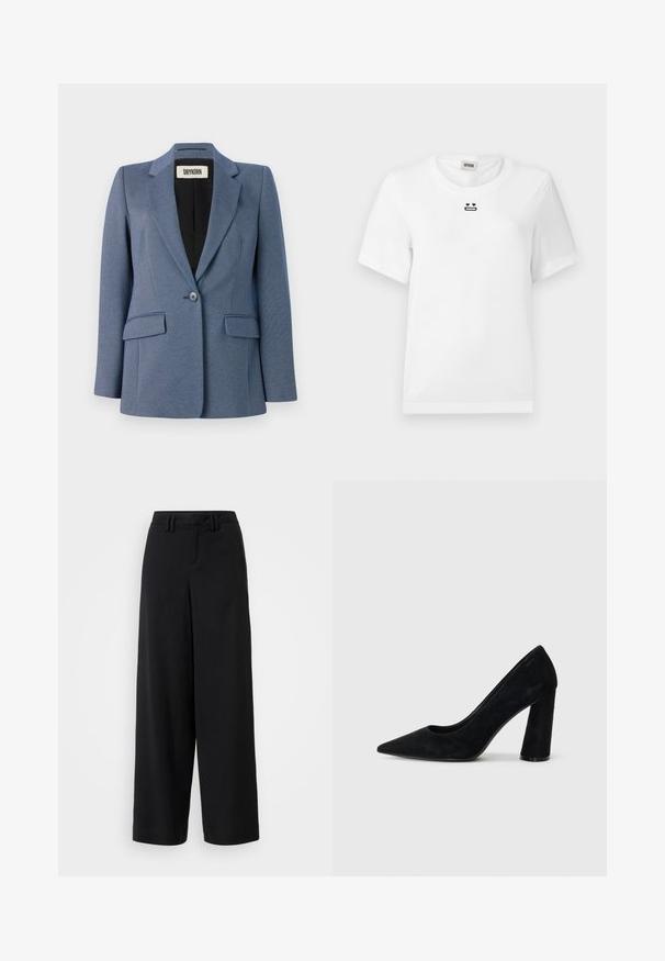 Blue tailored blazer with a textured fabric, single button closure, two front pockets, and a black lining. Notable lapel design.; White cotton t-shirt with short sleeves, featuring a small black graphic design of a face with heart eyes and a straight mouth on the chest.; Black wide-leg trousers made of smooth fabric, featuring a flat-front design, pleated details, and belt loops at the waistband.; Black suede high-heeled pump with a pointed toe and a chunky heel. Sleek design, smooth texture, and minimalistic style. No visible branding.