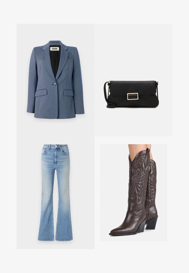 Blazer blu su misura realizzato in un tessuto strutturato, con chiusura a un solo bottone, due tasche frontali e foderato di nero. Design del collare notevole.; Top senza maniche bianco realizzato in tessuto a coste, caratterizzato da un collo arrotondato e una silhouette aderente, con cuciture minime e senza decorazioni.; Jeans flared di colore blu chiaro in denim, dotati di vita alta, design a cinque tasche e una leggera sfumatura verso l'orlo.; Stivali da cowboy in pelle marrone con punta affusolata e tacco a blocco, caratterizzati da dettagliati ricami e accenti rialzati sul gambale.; Borsa a mano in pelle nera con patta e dettaglio in metallo dorato. Include una tracolla nera e un design elegante e minimalista.