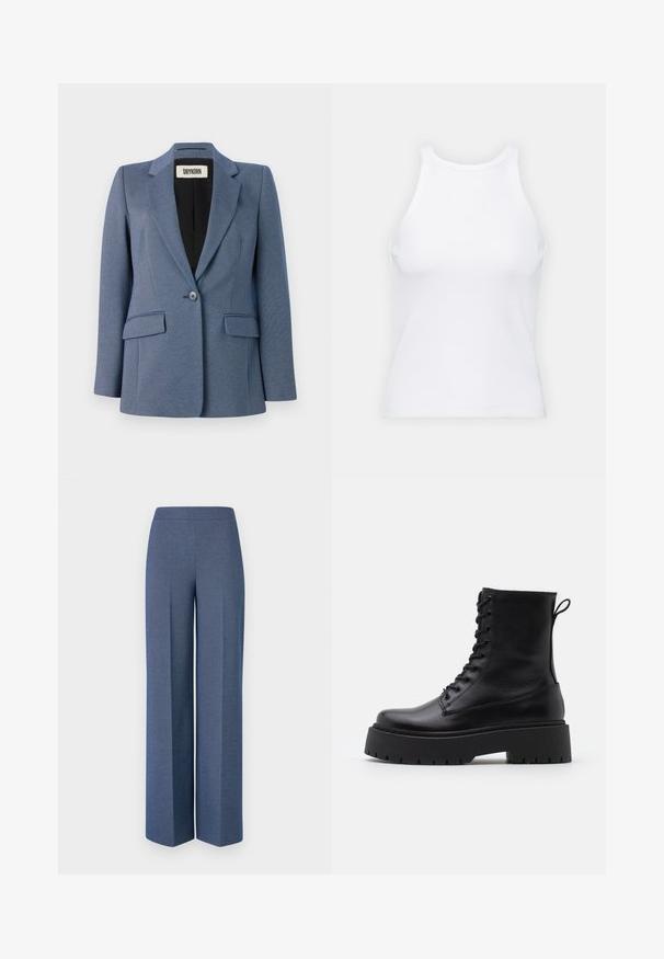 Blauwe op maat gemaakte blazer van een textuurstof, met een sluiting met één knoop, twee voorzakken en een zwarte voering. Opvallend ontwerp van de revers.; Witte mouwloze tanktop van ribstof, met een ronde halslijn en een aansluitende pasvorm, met minimale naden en zonder versieringen.; Wijde broek in textiel met een blauwe structuur, voorzien van een gladde tailleband en scherpe plooien aan de voorkant, die een getailleerd ontwerp benadrukken.; Zwarte leren enkelboots met een ronde neus, vetersluiting aan de voorkant en een dikke rubberen zool met een gestructureerd profiel. Trekbandje aan de achterkant.