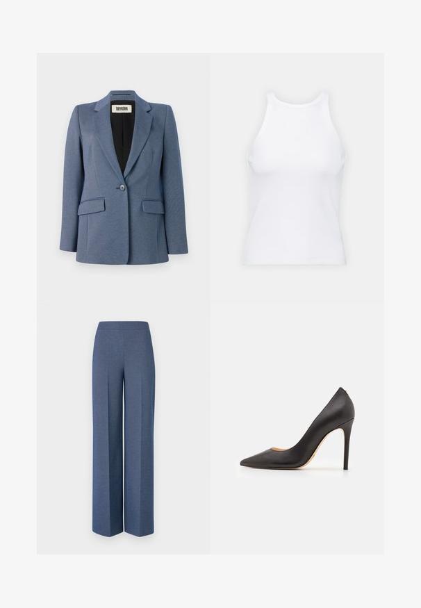 Niebieska marynarka o dopasowanym kroju z teksturowanej tkaniny, z pojedynczym zapięciem na guzik, dwiema przednimi kieszeniami i czarną podszewką. Zauważalny design klap.; Biała bezrękawnikowa koszulka wykonana z prążkowanej tkaniny, z okrągłym dekoltem i dopasowanym krojem, o minimalnych szwach i bez ozdób.; Spodnie o szerokich nogawkach z teksturowanej niebieskiej tkaniny, z gładkim pasem w talii i wyraźnymi kantami z przodu, prezentujące starannie dopasowany fason.; Czarne skórzane szpilki z ostrym noskiem i gładką teksturą, z wąskim obcasem i minimalistycznym designem.