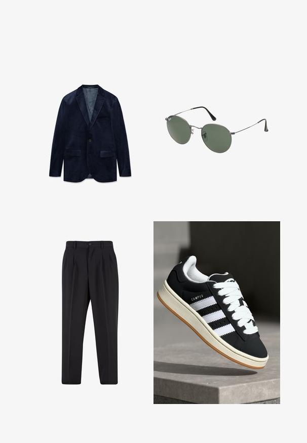 Tumesinise sametist meeste bleiser kinnislõhe, ühekordse nööpkinnituse, kahe esiplaaditasku ja ühe rinnataskuga.; Musta kõrge kaelusega kampsun, mis on valmistatud pehmest kudumist materjalist. Omab pikki varrukaid, soonikpitsiga kaela- ja alumist äärt. Lihtne ja sujuv disain ilma mustriteta.; Mustad püksid, millel on voltidega eesmine disain, valmistatud siledast kangast. Omab nup closure ja vöökinnitusauke; sirge jalgade lõige.; Mustad vabaajajalats valgete triipudega, paeltega kinnitatav, tekstuurse pealiskihiga ja kummist tald. Küljel on kirjas "CAMPUS" logo ja tald on kolmnurga kujuline.; Metallist raamistikuga prillid ovaalsete roheliste läätsedega. Õhuke hõbedane metallraam ja mustad kõrvakatted. Minimalistlik disain, nähtavad logod puuduvad.