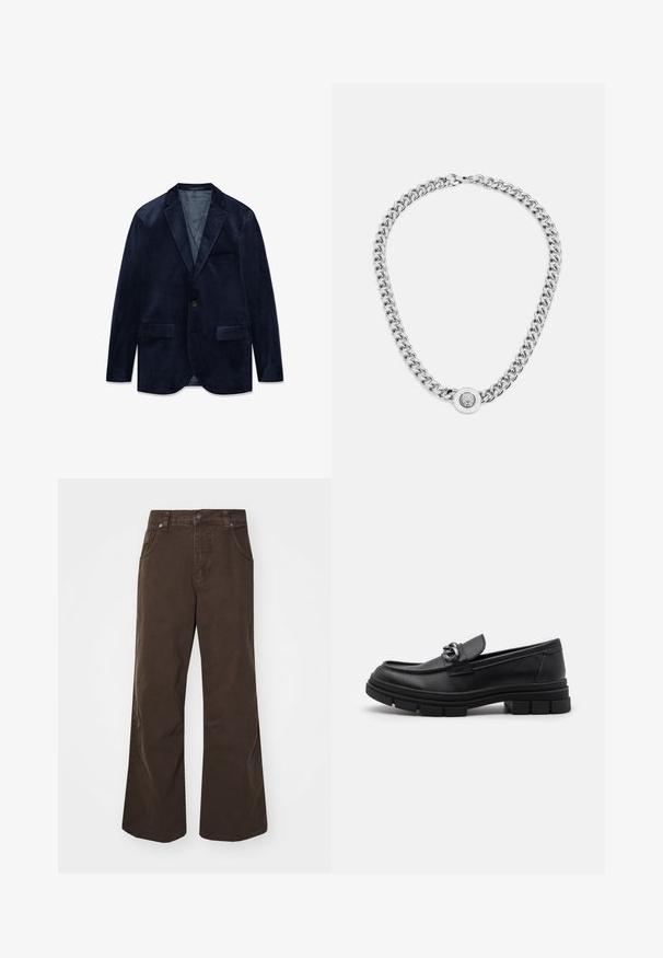 Vīriešu tumši zils samta žakete ar izgriezuma atloki, vienu pogu aizdari, divām priekšējām kabatām ar atlokiem un vienu krūšu kabatu.; Divi pieguļoši iedobumi melnā un baltā krāsā. Izgatavoti no ribota kokvilnas, tiem ir platai siksnas un apaļi kakli. Zīmols uz apkakles.; Brūni plaša piegriezuma bikses, kas izgatavotas no kokvilnas, ar augstu jostasvietu, priekšējiem kabatām un gludu tekstūru. Apdare ietver smalkas šuvju detaļas.; Melnas ādas loafer kurpes ar noapaļotu purngalu, dekoratīvu jostu un aparatūru, kā arī masīvu teksturētu zoli. Gluda virsma ar smalkām detaļām.; Sudraba ķēdes kaklarota ar bieziem gredzeniem un centrālu apļa kulonu ar sarežģītu detaļu izstrādi. Gluda, atstarojoša metāla virsma.