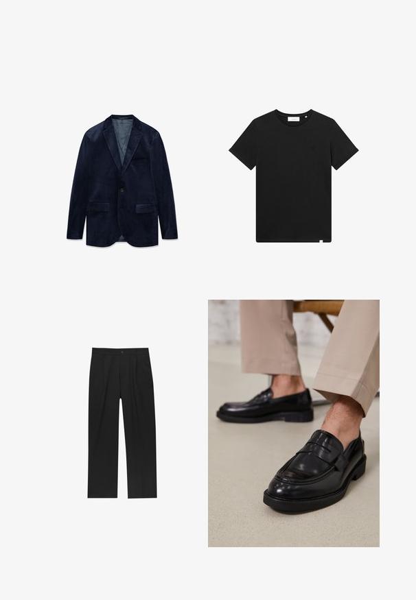 Tmavomodrý zamatový pánsky blejzer s výrezovými klopami, zapínaním na jeden gombík, dvoma prednými kapsami s chlopňou a jednou náprsnou kapsou.; Čierne tričko s krátkym rukávom vyrobené z bavlny, s okrúhlym výstrihom a malým logom vyšitým na hrudi. Hladká textúra, štandardný strih.; Čierne nohavice s rovnými nohavicami, vyrobené z hladkej tkaniny. Majú predné puky a jediné gombíkové zapínanie v páse.; Čierne kožené poltopánky s hladkým povrchom, so zdobným remienkom a kontrastným prešívaním, skombinované s béžovými nohavicami.