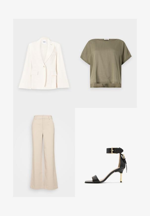 Blazer alb croit cu un singur nasture, două buzunare frontale și rever crenelat. Textură netedă cu o siluetă bine definită.; Top verde măsliniu, cu mâneci scurte, realizat dintr-un material ușor, cu o croială lejeră și un tiv drept. Design minimalistic cu guler rotunjit.; Pantaloni bej cu croi larg, cu o textură netedă, având o talie înaltă și două buzunare frontale. Design curat cu o croială adaptată.; Sandal cu toc înalt din piele neagră, cu vârf pătrat, curea pentru glezna cu cataramă aurie și toc metalic subțire. Textură netedă, design minimalist.