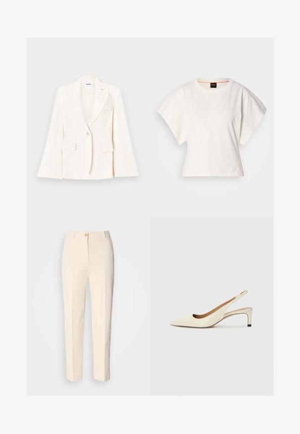 Valge kohandatud bleiser, millel on üks nupp, kaks esist pocketit ja sälguline krae. Sile tekstuur koos struktureeritud siluetiga.; Valge lühikeste laiadte varrukatega lühike T-särk, pehme puuvillane materjal, ümar kaelus kergelt oranži ääristusega, minimaalne disain, ilma mustrite ja graafikateta.; Kreemikas värvi kõrge vöökohaga püksid, mis on valmistatud tekstureeritud kangast. Omab esFront nuppude sulgemist ja kitsenevaid jalgu.; Kitsaste ninaga slingback-kingad heledast nahast, madala kontsaga ja lõikega disainiga, millel on sile tekstuur ja minimaalne aksessuaaride kasutus.