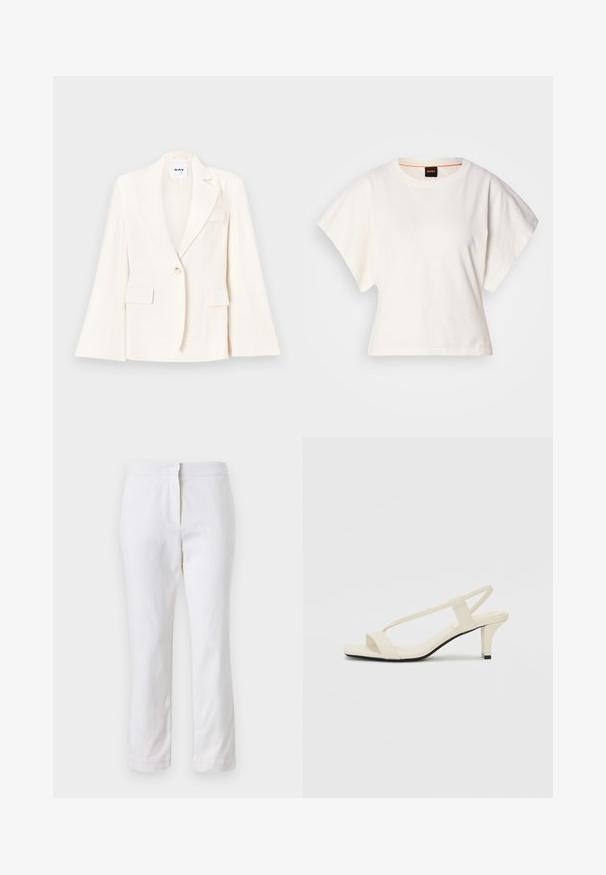 White tailored blazer with a single button, two front pockets, and a notched lapel. Smooth texture with a structured silhouette.; White cropped T-shirt, short wide sleeves, soft cotton material, round neckline with subtle orange trim, minimal design, no patterns or graphics.; White cotton pants with a straight leg design, featuring a mid-rise waist and no visible hardware or patterns. Smooth texture throughout.; Beige block-heeled sandals with thin straps and a square toe. Smooth material with minimal detailing, designed for easy wear.