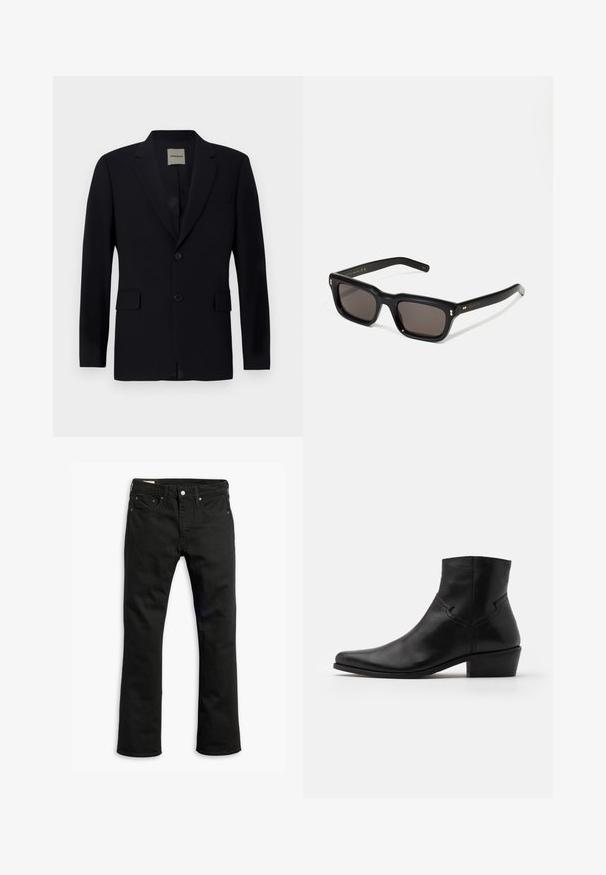 Blazer navy in tessuto liscio con revers a punta, chiusura con un solo bottone, due tasche frontali e una leggera fodera interna.; Felpa beige a maniche lunghe con colletto tondo, realizzata in materiale morbido, con polsini e orlo a coste, dalla texture liscia e dal design minimalista.; Jeans in denim nero con design a gamba dritta, cinque tasche, chiusura con bottone metallico e dettagli di cucitura sottili. Tessuto liscio e colore solido.; Stivaletto in pelle nera con punte affusolate, dettagli di cucitura minimi, tacco a blocco di altezza media e finitura liscia e lucida.; Occhiali da sole neri rettangolari con lenti scure, montatura spessa in plastica, dettagli dorati sulle tempie e logo del marchio inciso sull'asta.