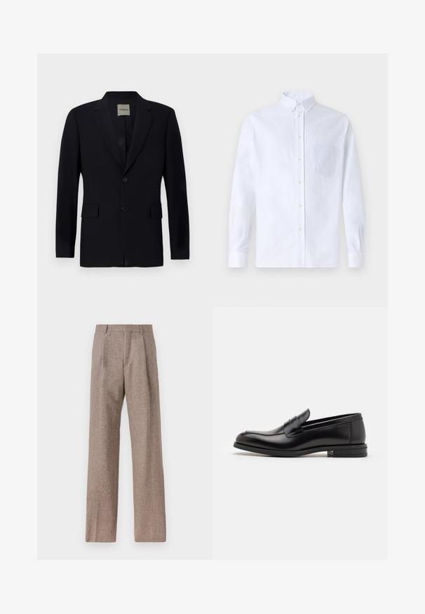 Mornarica sako izdelan iz gladkega materiala, z nazobljenim ovratnikom, zapiranjem na en gumb, dvema sprednjima žepoma in diskretno podlogo.; Bela dolgo rukava srajca s kragnico, izdelana iz bombaža, z žepom na prsih in toniranimi vezeninami ter gumbi na manšetah.; Rjave hlače z visokim pasom, izdelane iz teksturirane tkanine. Imajo široke noge in dve sprednji pregibi za strukturo. Urejen zaključek brez vidne strojne opreme.; Črne usnjene loafer čevlje z gladko teksturo, zaobljenim nosom in dekorativnim trakom čez zgornji del. Nizka zložena peta, minimalističen dizajn.