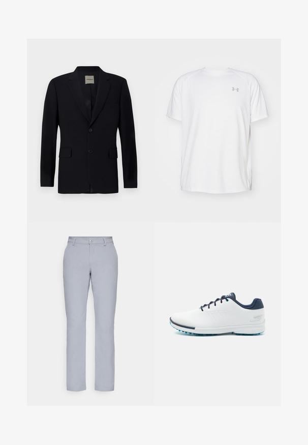 Blazer bleumarin realizat dintr-un material neted, cu rever cu colț, închidere cu un singur nasture, două buzunare frontale și o căptușeală interioară subtilă.; Camică sport cu mânecă scurtă, de culoare albă, fabricată dintr-un material neted. Dispune de un guler tip crew și un logo gri pe pieptul stâng, cu slituri laterale la tiv.; Pantaloni gri deschis cu o croială dreaptă, închidere cu nasture, buzunare frontale și un material neted, texturat. Design minimalist, fără modele.; Pantofi sport albi cu un uppersintetic neted, accente albastre, toc texturat în nuanță de marine și o talpă ușoară cu țepii pentru aderență.