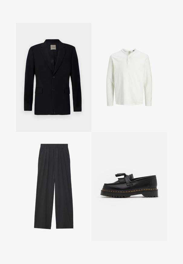 Tumes sinel jakk, mis on valmistatud siledast kangast, millel on lõikega krae, ühe nupuga kinnitamine, kaks esist taskut ja õrn sisekate.; Valge pika varrukaga henley särk kolme nupuga ja ümmarguse kraega, esitatud lihtsal valgel taustal.; Laiene püksid, mis on valmistatud tumedast hallist kangast. Omavad vööümbrikus voldikuid, on kohandatud disainiga ja sirge siluett.; Mustmust musta loafer, millel on frantsiisi aktsent, paks must tald ja kollane õmblus servas. Tekstuuriga viimistlus.