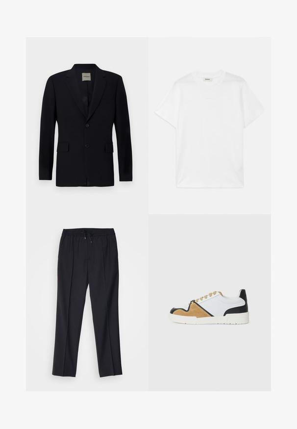 Marineblazer aus glattem Stoff mit Reverskragen, Einzelknopfverschluss, zwei vorderen Taschen und einem dezenten Innenfutter.; Weißes Baumwoll-T-Shirt mit rundem Halsausschnitt, kurzen Ärmeln und einem dezenten Logo auf der Vorderseite. Glatte Textur und schlichtes Design.; sandro ALPHA - Chino - noir; Sneaker aus weißem Textil mit sandfarbenem Wildleder und schwarzen Lederakzenten, runde Zehenform, flaches Schnürdesign und strukturierte Sohle.
