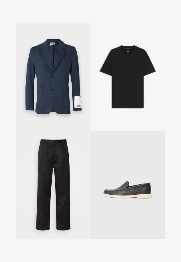 Marineblauwe blazer met een gemêleerde stof, twee voorzakken, twee knopen en een wit label op de mouw, met een gelapte kraagdesign.; Zwarte korte mouwen T-shirt van een gladde katoenmix, met een ronde halslijn en een minimalistisch ontwerp zonder patronen of accenten.; Zwarte broek van een gladde stof, met een sluiting met een knoop aan de voorkant, plooien en rechte pijpen. Geen zichtbare patronen of accenten.; Zwarte leren instappers met een gestructureerde afwerking en een contrasterende beige rubberen zool. Beschikt over een subtiele accent langs de voorkant.