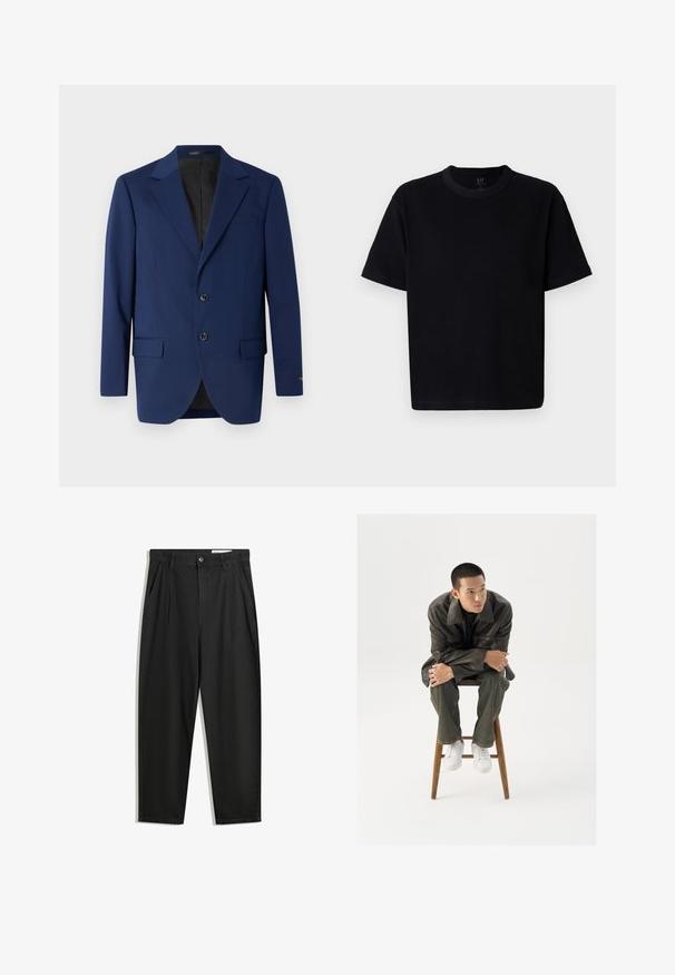 Blazer bleu marin realizat dintr-un material neted, cu rever în formă de colț, două butoane și două buzunare frontale, plus un buzunar pentru piept.; T-Shirt negru din bumbac, cu guler rotund, mâneci scurte și croială dreaptă. Prezintă cusături minime și o textura moale, netedă.; Pantaloni negri din bumbac cu croială lejeră, având un brâu clasic, plii frontale și buzunare laterale. Textură netedă fără modele.; Jachetă din piele maro cu guler lat, asortată cu blugi verzi închiși și adidași albi. Modelul stă pe un scaun din lemn.