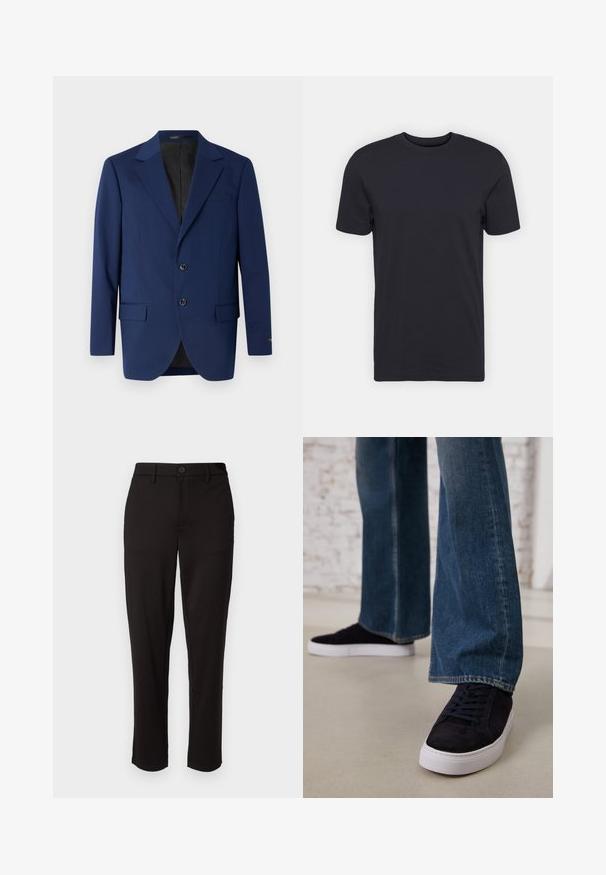 Tums zilas krūšutijas žakete, kas izgatavota no gludas auduma, ar izgriezuma atloku, divām pogām un divām priekšējām kabatām papildus vienai krūšu kabatai.; Melnas kokvilnas T-krekls, īsas piedurknes, apaļa izgriezuma kakla, viendabīga krāsa, viegla auduma, gluda tekstūra, bez redzamām rakstām vai grafikas.; Melnas bikses izgatavotas no viegla materiāla, ar taisnu kāju, priekšējo pogu aizdari, jostas cilpām un sānu kabatām.; Tumši zilas zamšādas sporta kurpes ar baltu gumijas zoli un šņorēm, apvienotas ar platām kājām džinsu biksēm vidēji zila nomazgātā tonī.