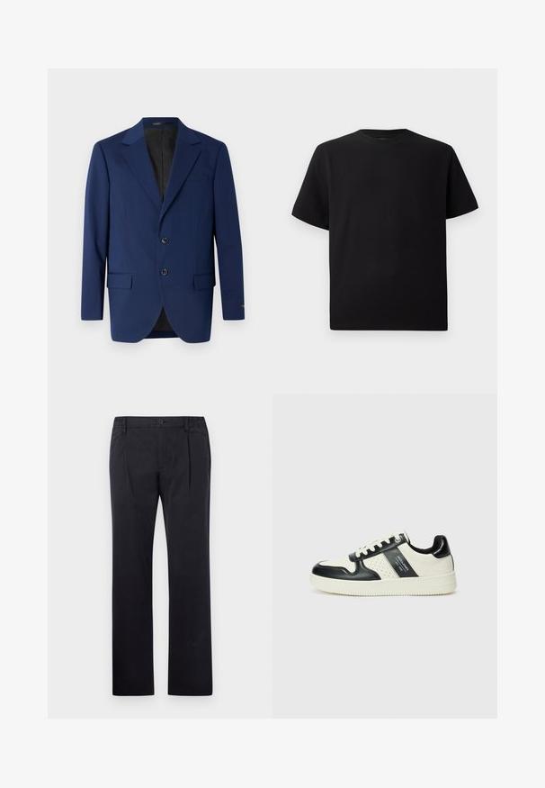Marineblauer Blazer aus glattem Stoff, mit einem Reverskragen, zwei Knöpfen und zwei frontalen Taschen sowie einer einzelnen Brusttasche.; Schwarzes Kurzarm-T-Shirt aus strukturiertem Stoff, mit einem Rundhalsausschnitt und einer lockeren Passform. Einfach, ohne Muster oder Akzente.; Schwarze Baumwollhose mit geradem Bein, ausgestattet mit einem Knopfverschluss und einem elastischen Bund für eine verstellbare Passform. Glatte Textur, ohne Muster.; Leder-Sneaker in Schwarz- und Cremetönen, mit perforierten Akzenten, einem gepolsterten Kragen und einer strukturierten Laufsohle.