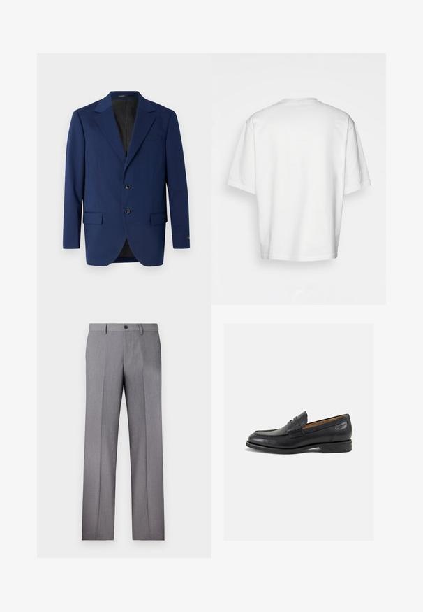 Navy blue blazer made of smooth fabric, featuring a notch lapel, two buttons, and two front pockets with a single chest pocket.; White short-sleeve t-shirt, loose fit, round neckline, smooth cotton fabric, unembellished back, straight hemline, no patterns or accents.; Gray tailored trousers with a flat front, two side pockets, and a single button closure. Smooth texture with a subtle pinstripe pattern.; Black leather loafers with a smooth finish, rounded toe, and decorative stitching on the vamp. Low stacked heel and slight shine.