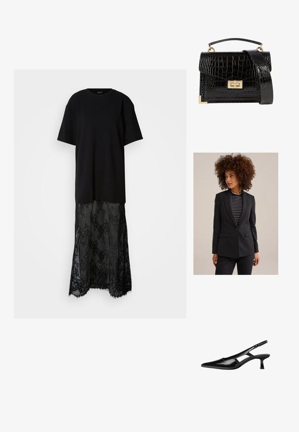 Kobieta z kręconymi włosami, ubrana w czarną dopasowaną marynarkę na czarno-białą wstążkową bluzkę, patrzy w bok na jednolitym tle.; Czarna sukienka z majtkowym topem i spódnicą z koronkowym nałożeniem. Krótkie rękawy, okrągły dekolt, przezroczysta koronka z kwiatowymi wzorami i strzępione wykończenie.; Czarne lakierowane czółenka na odkrytej pięcie z wąskim noskiem, z wykrojem po bokach i małym kwadratowym obcasem. Gładka faktura z minimalnymi akcentami.; Czarna torebka na ramię z lakierowanej skóry licowej o fakturze krokodyla, ze złotymi akcesoriami, górną rączką oraz odczepianym paskiem na ramię. Prostokątny kształt z klapką.