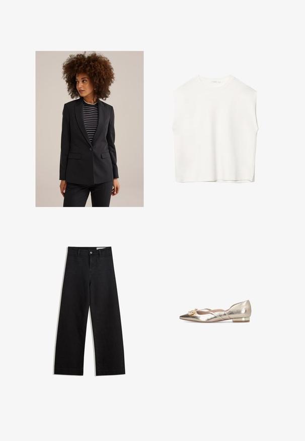 Donna con capelli ricci che indossa un blazer nero su una maglietta a righe bianche e nere, che guarda di lato contro uno sfondo semplice.; Top bianco senza maniche con vestibilità morbida, scollo rotondo, texture liscia e orlo dritto. Design semplice senza motivi o accessori.; Pantaloni in denim neri a gamba larga con vita alta, dotati di tasche anteriori e posteriori, cuciture a punto, e chiusura con bottone. Texture liscia.; Ballet flat metallico oro con punta affusolata, dotato di fasce incrociate e un accento di gemma. Tacco basso a blocco con dettaglio dorato.