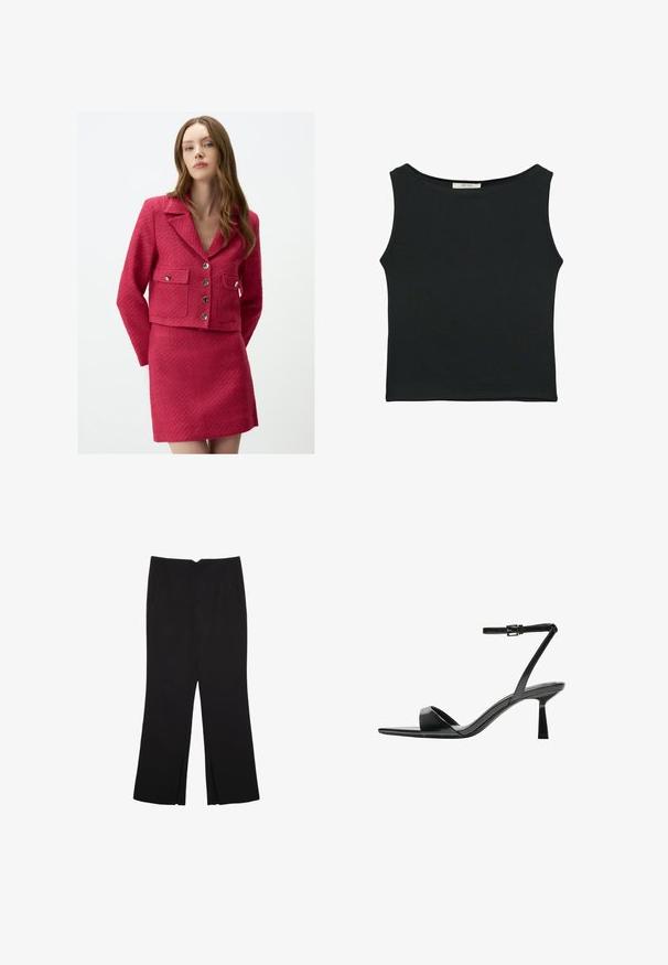 Blazer strutturato di un vivace rosa fluo con colletto, quattro tasche e bottoni argentati, abbinato a una mini gonna strutturata dello stesso colore.; Top senza maniche nero realizzato in tessuto morbido, caratterizzato da un collo arrotondato e un design aderente senza motivi visibili o decorazioni.; Pantaloni neri a gamba dritta, con tasche frontali e spacchi laterali all'orlo. Realizzati in tessuto morbido e liscio. Adatti a diverse occasioni.; Bershka Sandali con tacco - black