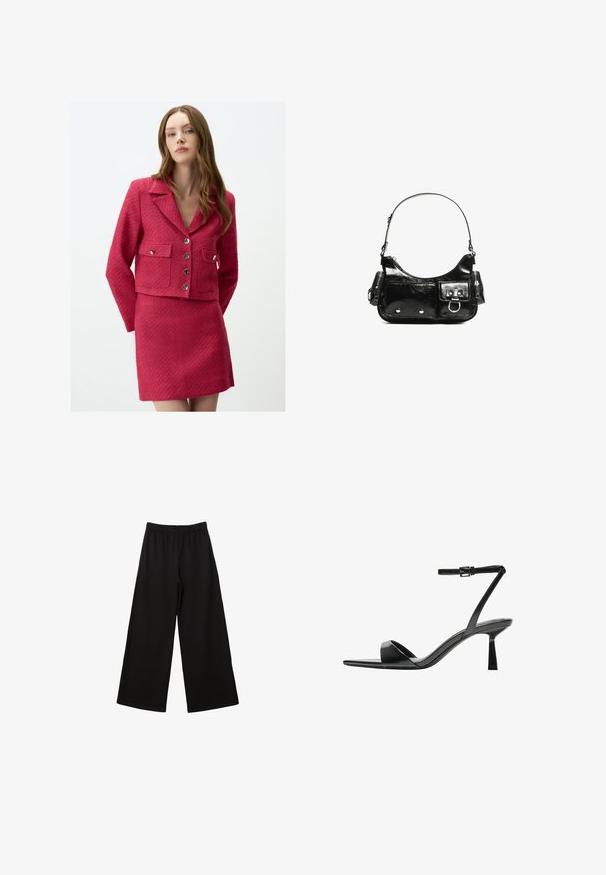Bright pink textured blazer with a collar, four pockets, and silver buttons, paired with a matching textured mini skirt.; Black sleeveless top made of smooth fabric, featuring a rounded neckline and a fitted design with no visible patterns or embellishments.; Black wide-leg pants with an elastic waistband, made of a smooth fabric. Features a loose fit and straight, ankle-length design.; Bershka High heeled sandals - black; Black patent leather handbag with a curved shape, one shoulder strap, front pockets, and silver-tone hardware accents.