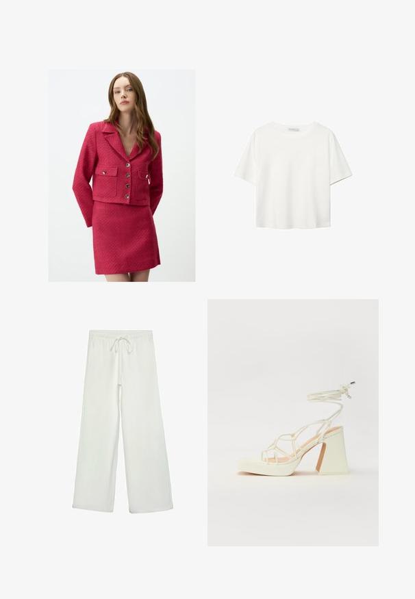Bright pink textured blazer with a collar, four pockets, and silver buttons, paired with a matching textured mini skirt.; White short-sleeve t-shirt made of cotton. Features a crew neckline and a relaxed fit. Smooth texture with no visible patterns or accents.; White wide-leg pants made of soft fabric. Features an elastic waistband with a drawstring and a smooth texture. No visible patterns or hardware.; White high-heeled sandal with a chunky heel, featuring a strappy design and ankle tie. Smooth texture with a platform front for added height.