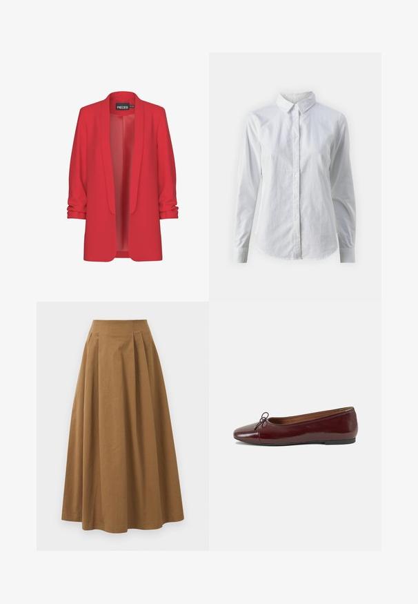 Punane, kerge bleiser, millel on šaalikaelus, avatud esiosa ja üleskeeratud varrukad. Valmistatud siledast kangast, ilma nähtavate kinnitusteta. Bränd: PIECES.; Valge nööpidega särk, mis on valmistatud siledast puuvillast. Särgil on klassikaline krae, pikad varrukad ja kaarduv äär. Nöödid on väikesed ja valged.; Pruun puuvillane A-line seelik kõrge vöökohaga, millel on voldid ees ja sile tekstuur. Pika serva viimistlus on puhas ja lihtne.; Burgundi patendnahk kingad balletitüüpi, ümmarguse ninaosa, ees väike paelaaktsent ja madal must kummist tald. Sile tekstuur.