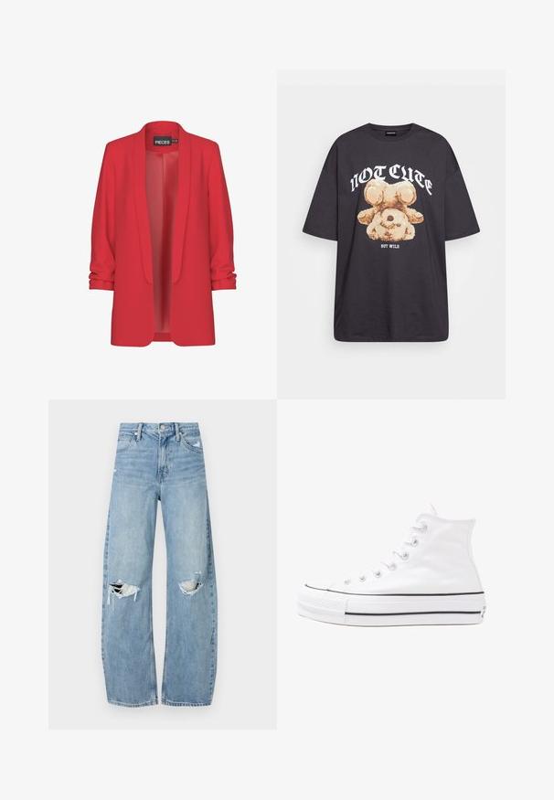 Rød, lett blazer med sjalkrage, åpen front og rullede ermer. Laget av glatt stoff uten synlige lukkinger. Merke: PIECES.; Svart oversized t-skjorte med en grafikk av en bjørn og teksten "IKKE SØT, MEN VILL" i fet, hvit skrift. Laget av bomull.; Lyseblå høytlivsjeans laget av denim. Har vide bein, to revne knær og klassisk fem-lommers design.; Hvit høy-skinn kanvas sneakers med svart gummisåle, gummitåhette foran og seks hull for snorer, med et rent, minimalistisk design.