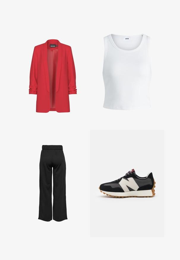 Rdeča, lahka blazer jakna s šalom ovratnikom, odprtim sprednjim delom in zavihanimi rokavi. Narejena iz gladkega materiala brez vidnih zapiral. Znamka: PIECES.; Bela rebrasta majica brez rokavov z okroglim izrezom in krajšo dolžino. Oznaka navaja "JJXX." Gladka tekstura tkanine.; Črne hlače širokega kroja z elastičnim pasom, izdelane iz gladkega materiala. Imajo preprost dizajn brez žepov ali vidnih šivov.; Črne in sive semiš športne copate z velikim kremnim logotipom "N", vijoličastimi vezalkami in teksturiranim gumijastim podplatom.