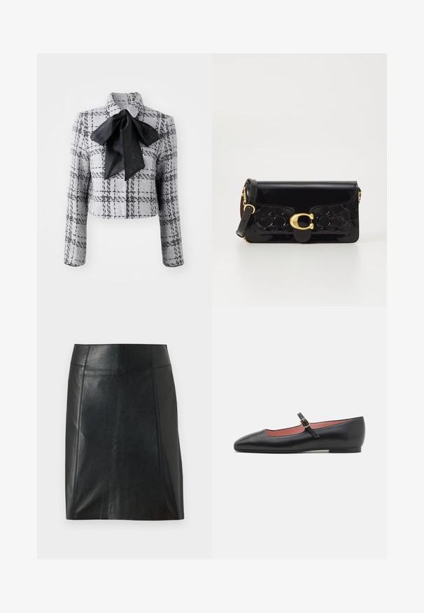 Marc Cain Blazer - grey; Weiße Langarm-Bluse aus Baumwolle. Mit klassischem Kragen und subtilem Markenstick auf der Brust. Glatte Textur.; Schwarzer Lederrock mit taillierter Passform. Glatte Textur, Nähte, die die Form betonen, und ein gerader Saum. Minimalistische und elegante Optik.; Schwarze Lederflats mit spitzem Zehenbereich und Knöchelriemen mit goldener Schnalle. Glatte Textur mit leicht glänzender Oberfläche.; Schwarze Handtasche aus patentiertem Leder mit goldfarbenen Beschlägen, einschließlich eines Verschlusses. Verfügt über ein strukturiertes Design und einen abnehmbaren Trageriemen. Kompakte rechteckige Form.