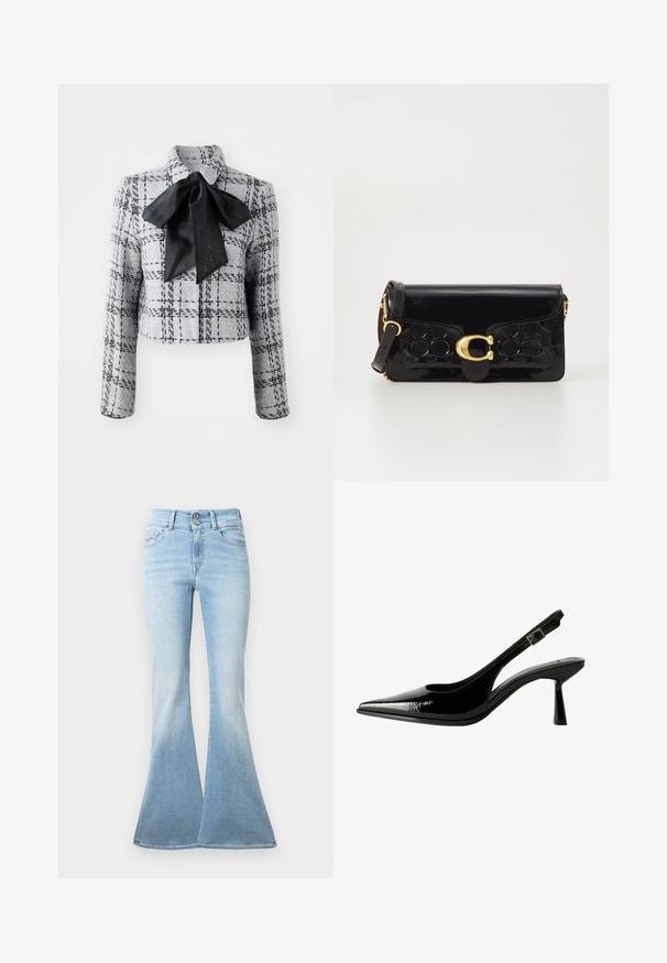 Marc Cain Blazer - grey; Camicia bianca a maniche lunghe con bottoni in cotone. Presenta un colletto classico e un ricamo del marchio discreto sul petto. Texture liscia.; Jeans svasati di colore azzurro realizzati in denim. Presentano una vita alta con due bottoni e un leggero sbiadimento verso l'orlo. Design classico a cinque tasche.; Pumps slingback in vernice nera con punta affilata, lati sagomati, cinturino alla caviglia regolabile e tacco sottile e slanciato.; Borsa a tracolla nera in vernice con hardware dorato, incluso un fermo. Presenta un design testurizzato e tracolla removibile. Forma rettangolare compatta.; Orecchini color oro con una forma liscia e arrotondata, caratterizzati da una superficie riflettente e una chiusura a perno per un indossamento sicuro.
