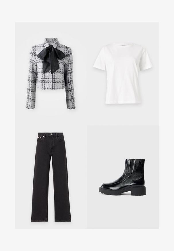 Marc Cain Kratka jakna - grey; Bijela pamučna majica s kratkim rukavima, okruglim izrezom i opuštenim krojem. Glatka tekstura, bez uzoraka ili akcenata, minimalistički dizajn.; Crne široke traperice od denima, s visokim strukom, pet džepova i metalnim zatvaranjem s kontrastnim šavovima.; Crne gležnjače s sjajnim lakiranim završetkom, debelim crnim gumastim potplatima i povišenim potpeticama; uključuju suptilan detalj loga sa strane.