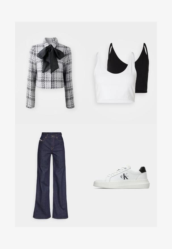 Marc Cain Bleiser - grey; Kaks puuvillast crop topi, valge ja must. Igal on sügav kaelus ja õhukesed õlapaelad, ning need on valmistatud siledast, pehmest materjalist.; Tumedates sinised laiad teksad denimpesus, kõrge vöökohaga, mis on varustatud oranžide õmblustega, viie-taskulise disaini ja nööbiga kinnitusega.; Valge madalate sokkidega jooksutoss, millel on must konts, platvormi tallad, paelad ja Calvin Kleini "CK" logo küljel.