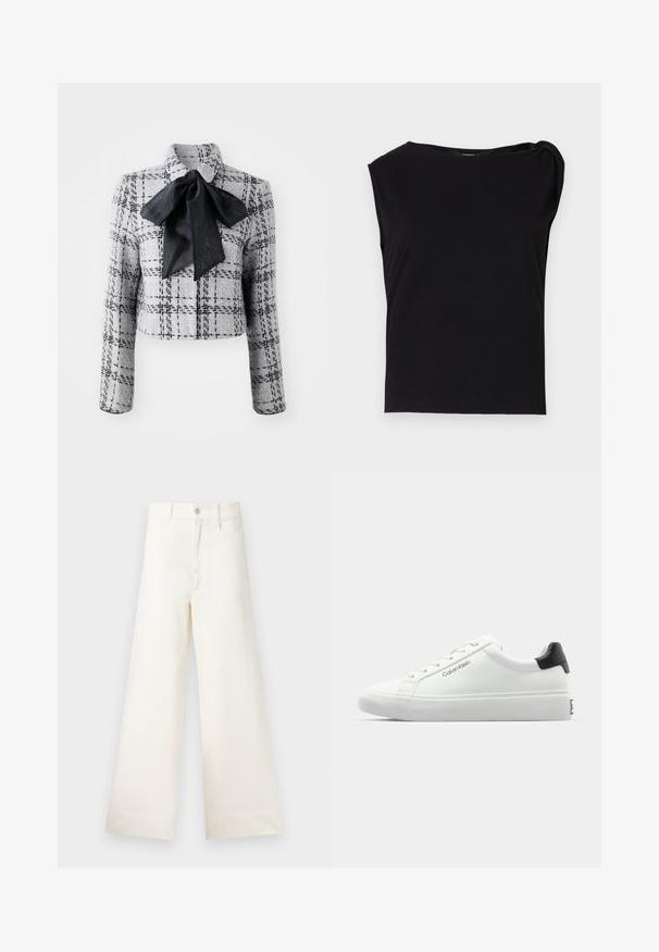 Marc Cain Blazer - grey; Haut noir à manches courtes en tissu lisse. Avec un col rond et un drapé sur l'épaule. Design simple et ajusté.; Pantalons large en coton beige clair. Dotés d'une taille haute, de poches latérales et d'une coupe droite. Finition ourlet propre sans motifs.; Sneaker blanche avec une finition lisse, accent noir au talon et design à lacets. Présente le logo "Calvin Klein" sur le côté. Style minimaliste.