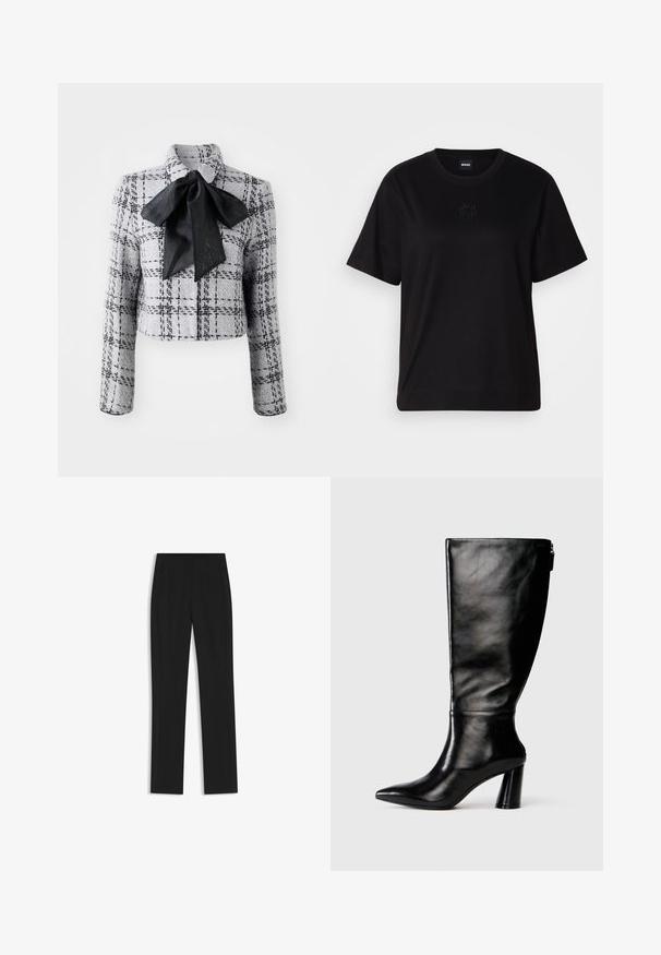 Marc Cain Blazer - grey; Camiseta de algodón negra con cuello redondo, mangas cortas y un logo bordado en el pecho. Ajuste simple y relajado sin patrones.; Pantalones de traje negros con un diseño de pierna recta, que cuentan con bolsillos delanteros y una tela suave y texturizada. Detalles limpios y minimalistas.; Bota de cuero negro hasta la rodilla con punta afilada, textura suave y un tacón grueso. Presenta un detalle de cremallera en la parte de atrás.