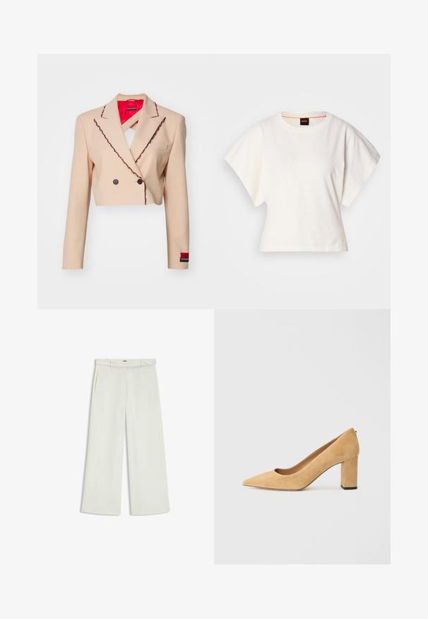 Cropped beige blazer made of fabric, featuring contrasting red lining, black trim with decorative loops, and double button closure.; White cropped T-shirt, short wide sleeves, soft cotton material, round neckline with subtle orange trim, minimal design, no patterns or graphics.; Wide-leg pants in light cream fabric, featuring side pockets, a flat front, and a single button closure at the waist. Smooth texture.; Beige suede high-heeled pump with a pointed toe and a chunky block heel. The material has a soft texture with a smooth finish.