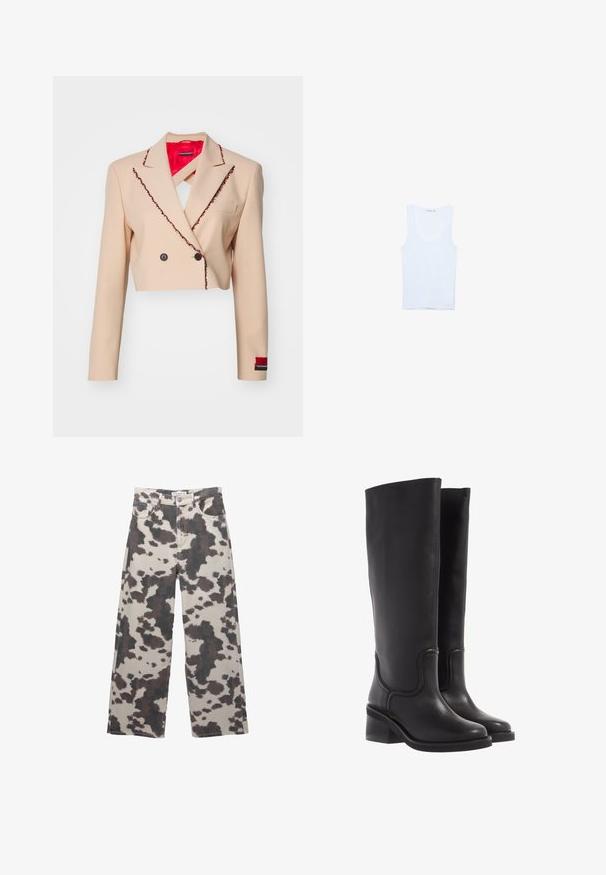 Zkrácený béžový blejzr z látky, s kontrastní červenou podšívkou, černým lemováním s dekoračními smyčkami a zapínáním na dvojité knoflíky.; Bílý bavlněný top na ramínka, má kulatý výstřih a široká ramínka. Hladká textura, bez rukávů a přiléhavý střih.; Široké džíny v béžové barvě s hnědým vzorem kravské srsti. Mají zapínání na knoflík a design s pěti kapsami. Vyrobeny z denimu.; Černé kožené kozačky do kolen s hladkým povrchem, zaoblenou špičkou a masivním podpatkem. Disponují jemným švem a elegantním designem.