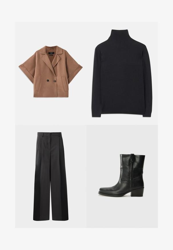 Double-breasted brown wool-blend coat with wide sleeves, lapel collar, and two front pockets. Smooth texture and tailored design.; Black turtleneck sweater made of soft fabric. Features long sleeves, a high neck, and ribbed cuffs and hem for a fitted look.; Black wide-leg trousers with a high waist, featuring front pleats, a smooth texture, and a tailored finish. Designed for a relaxed fit.; Black leather ankle boot with a rounded toe, block heel, side zipper, and stitching accents on the vamp. Smooth texture, classic design.