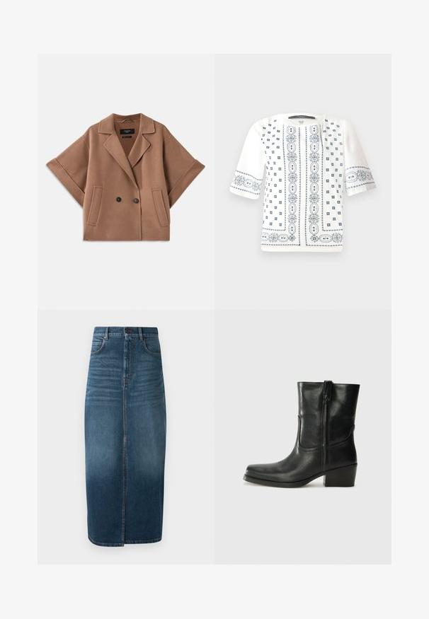 Dobbeltbrystet brun uldblandingsfrakke med brede ærmer, reverskrave og to fortommer. Glat tekstur og skræddersyet design.; Hvid kortærmet bluse med blå blomsterbroderi, rund udskæring og intrikate mønstre langs forsiden og ærmerne.; Denim midi nederdel i mørk indigo med en forkant split og let falming. Klassisk fem-lomme design med metal knaplukning.; Sort læder ankelstøvle med rundt tå, blokhæl, lynlås i siden og stikninger på vampsiden. Glat tekstur, klassisk design.