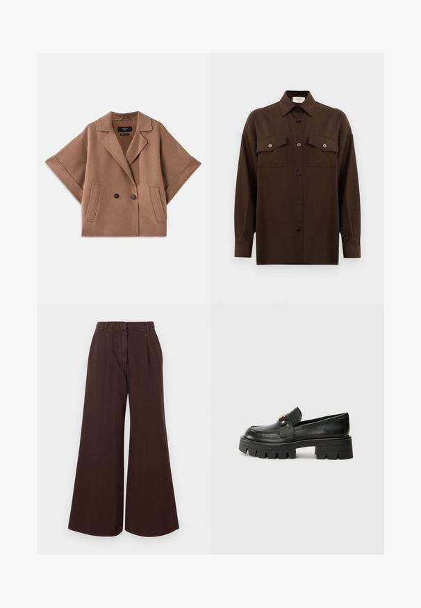 Dobbeltbrystet brun uldblandingsfrakke med brede ærmer, reverskrave og to fortommer. Glat tekstur og skræddersyet design.; Mørkebrun langærmet skjorte med knaplukning, to brystlommer med klap og en klassisk krave, præsenteret mod en helt hvid baggrund.; Højtsiddende, brede brune bukser med knap- og lynlåslukning, bæltestropper og forkantede folder.; Sorte læder loafers med en kraftig sål, prydet med en guldfarvet detalje på fronten og en glat finish. Kraftigt mønster designet på sålen.